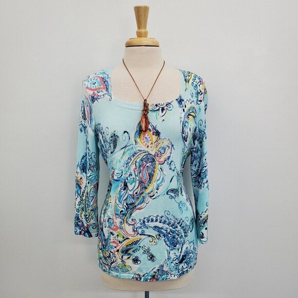 Chico's Tops - Chico's Womens Paisley Print Knit Top Size 1 (M/8) Blue Square Neck 3/4 Sleeve